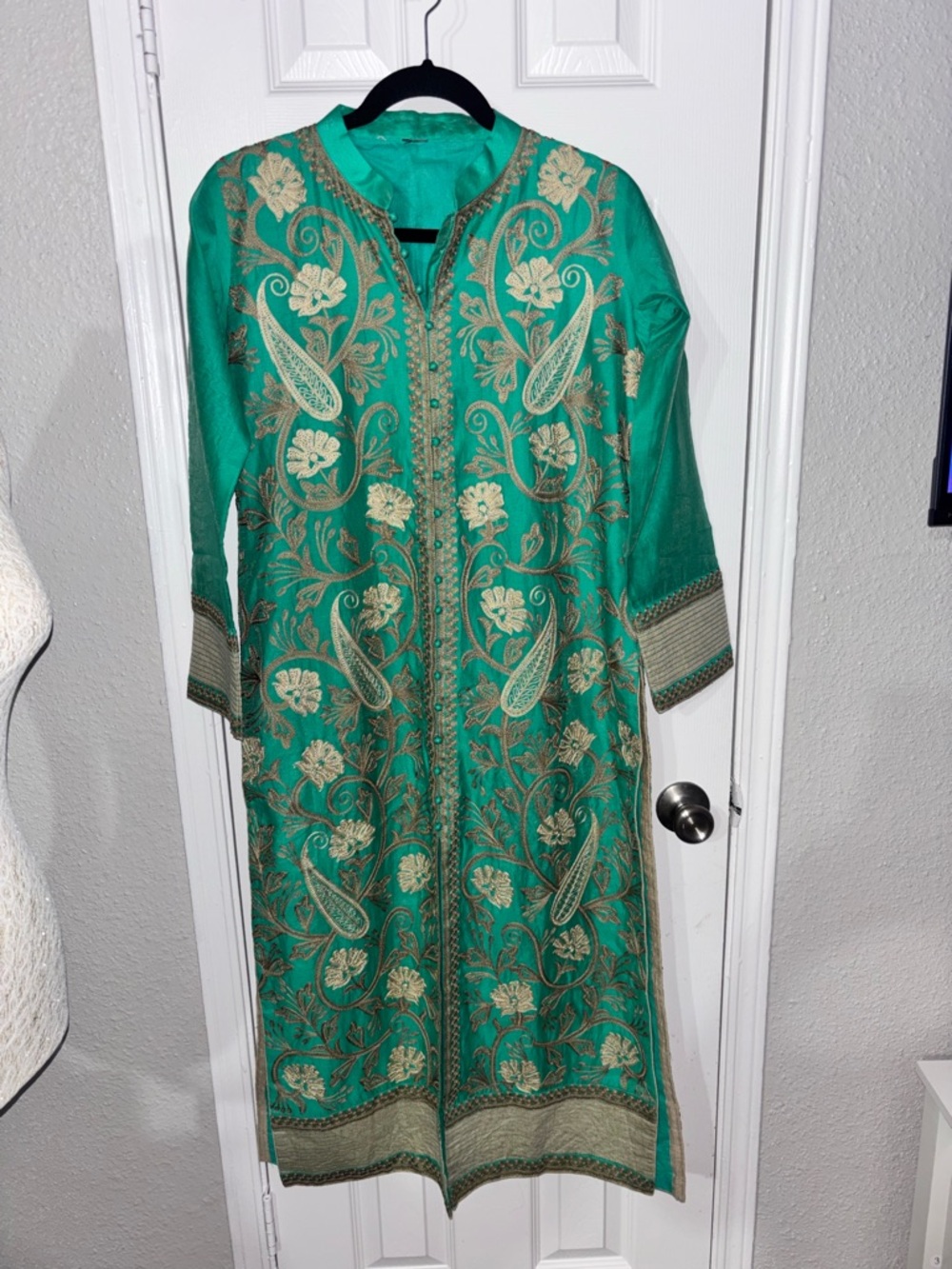 Embroidered Teal Long Kurta with Gold Threadwork